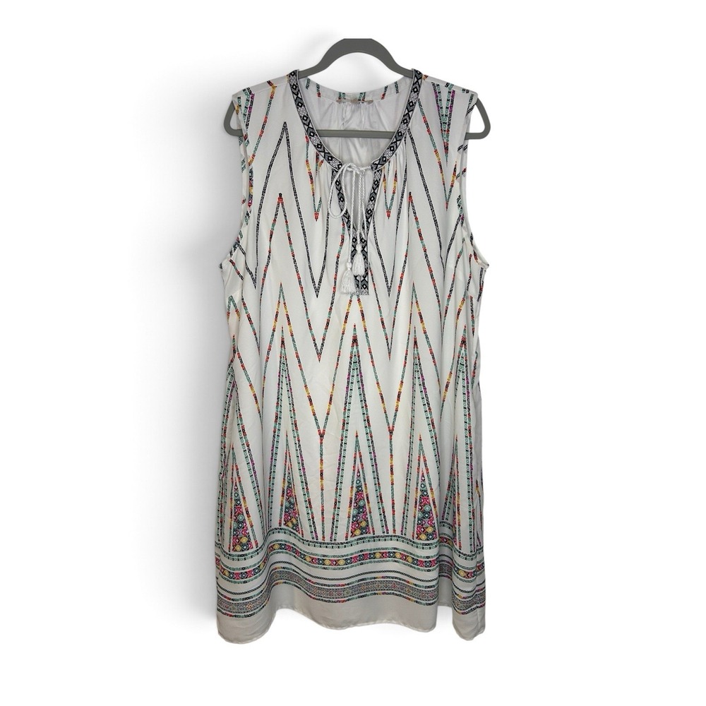 My Danielle Women's XXL White Multicolor Boho Geometric Tassel Shift Dress Lined